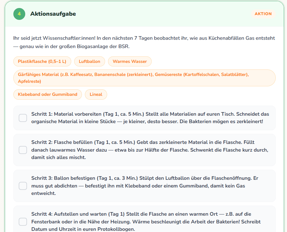 Screenshot einer EcoQuest-Aktionsaufgabe mit Schritt-für-Schritt-Checkliste
