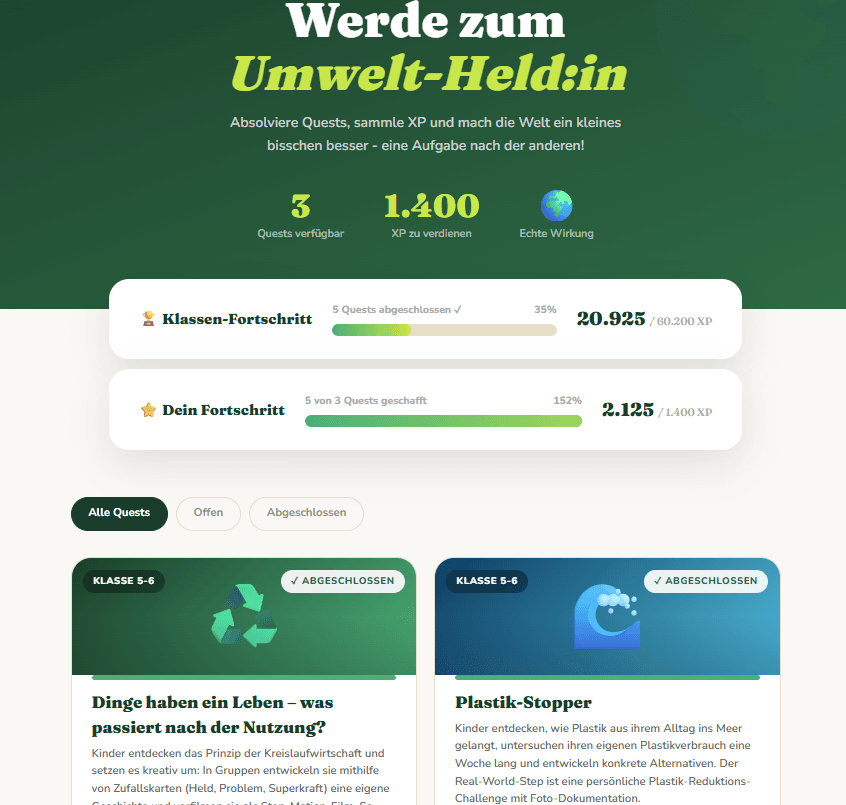 Screenshot der EcoQuest-Quest-Übersicht mit Klassen-Fortschritt und Quest-Karten