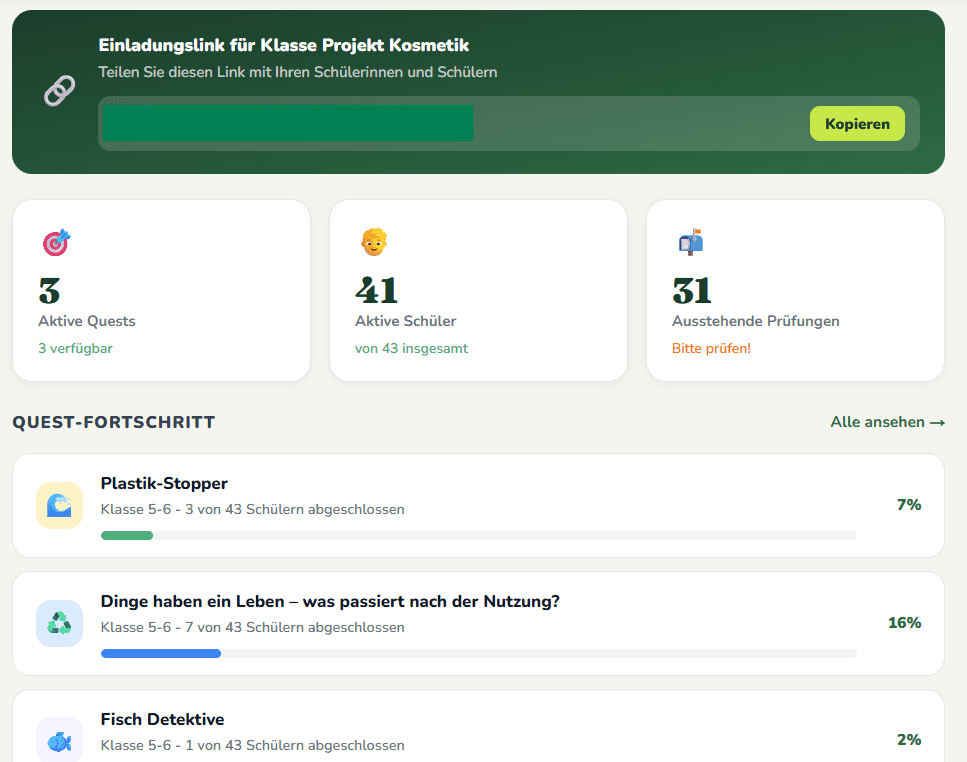 Screenshot des EcoQuest-Lehrkräfte-Dashboards mit Klassen-Statistiken und Quest-Fortschritt